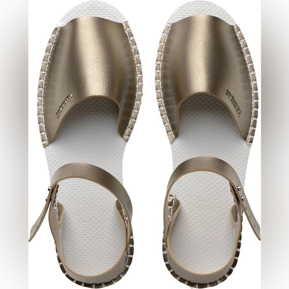 Havaianas Gold Flatform Espadrille Ankle Strap Rubber Foam Peep Toe Sandal Sz 9 - Picture 2 of 12